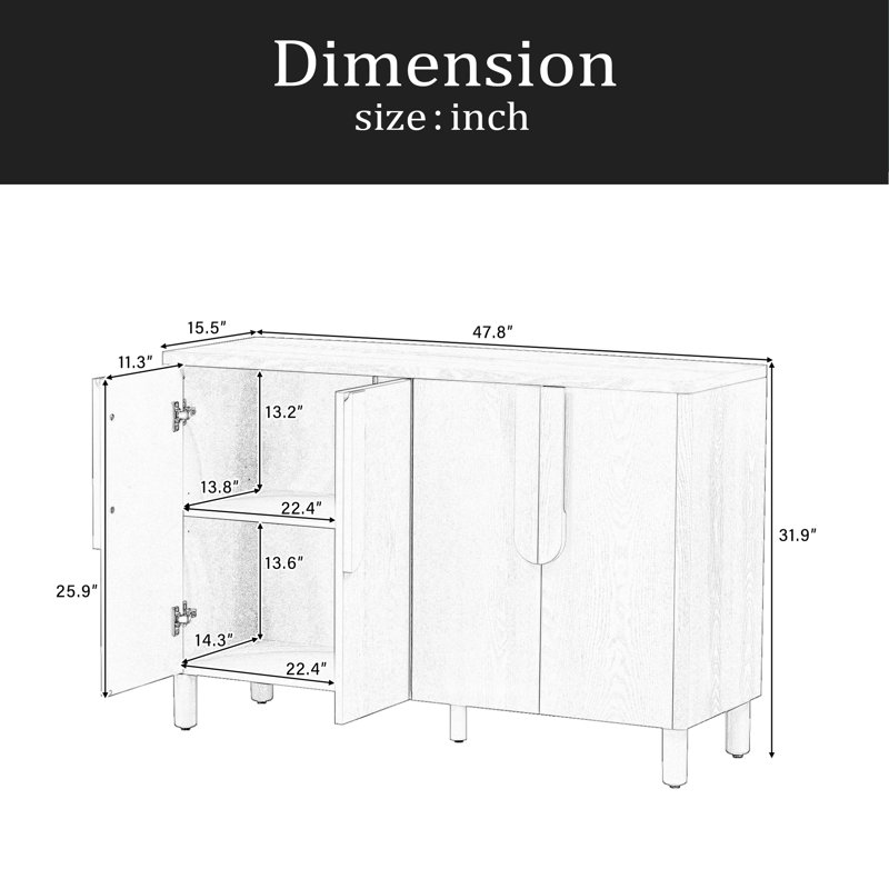 Buffet à 4 portes avec rangement, buffet en bois avec poignées arquées uniques et tablettes réglables pour la salle à manger, la cuisine et le salon