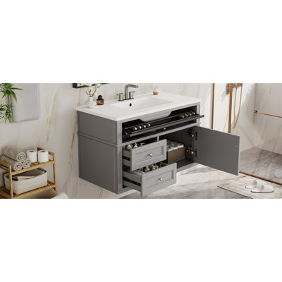 Meuble-lavabo mural 36 po, armoire de rangement flottante avec 2 tiroirs, 1 tiroir basculant, lavabo simple en céramique à 3 trous, armoire moderne.