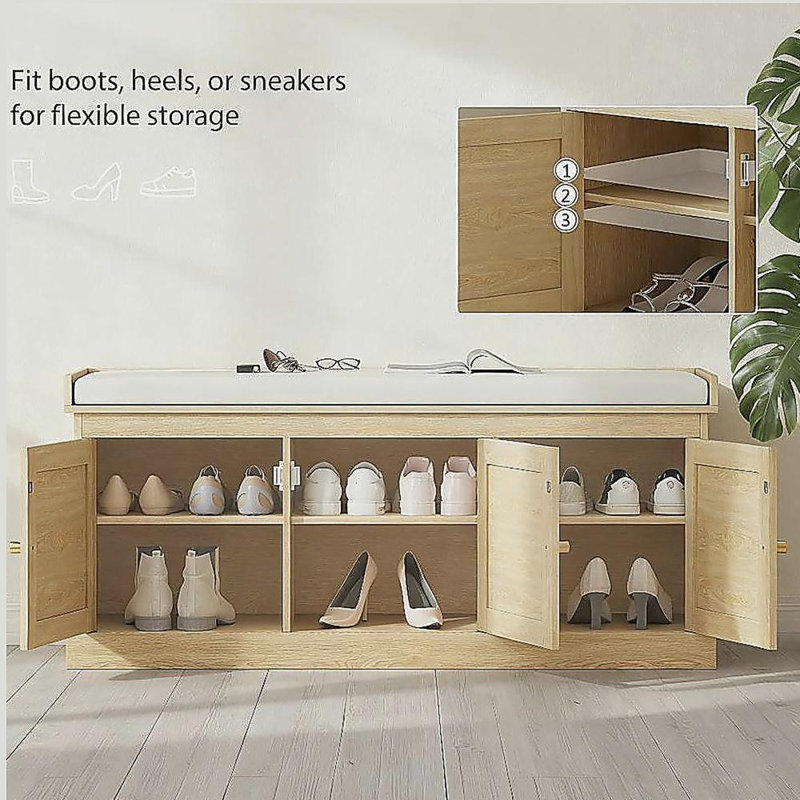 Shoe Storage Bench with Woven Rattan Doors, Shoe Bench, Cream White/Oak