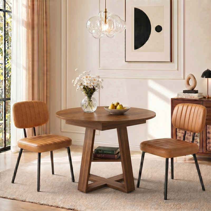Aura Round Extendable Modern Kitchen Dining Table Set With Dining Chair, 3 Pieces: Table, 2 Chairs, Brown, Brown