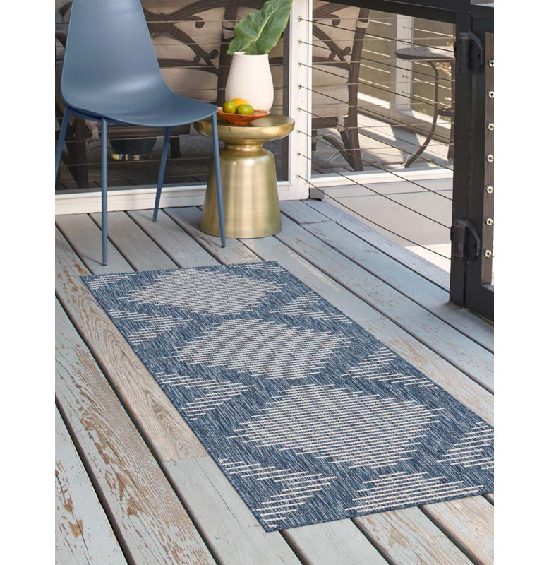 Tapis intérieur / extérieur en polypropylène géométrique tissé à la machine en gris / bleu