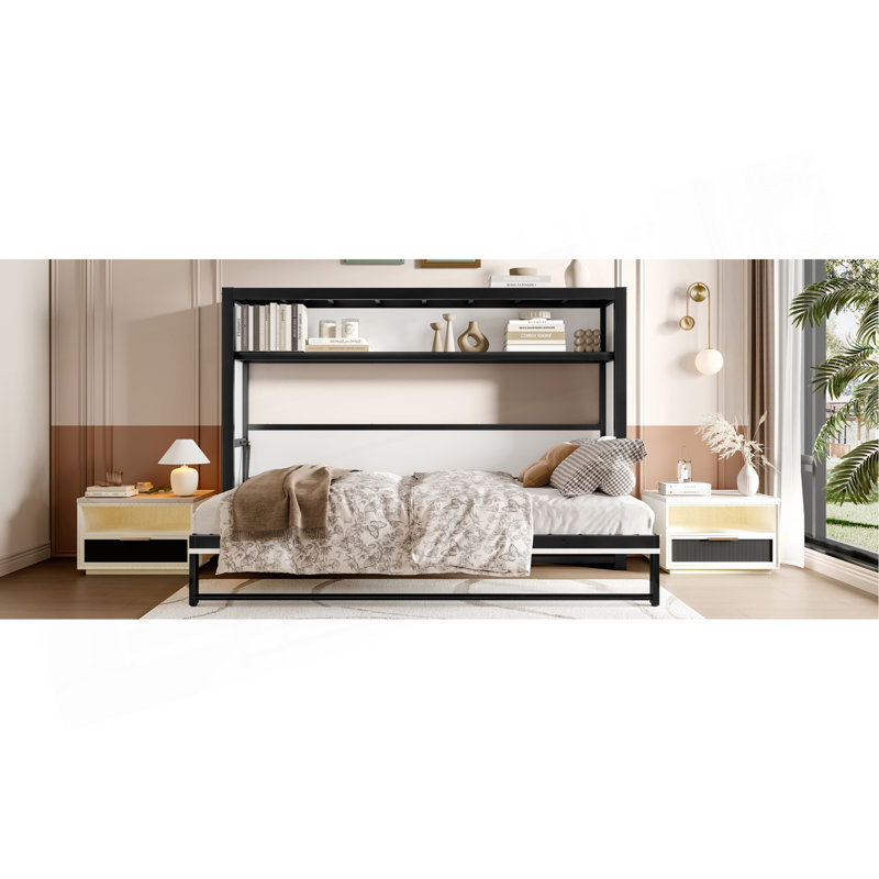 Lit escamotable simple avec tablettes, lit mural en métal au design pliable et peu encombrant, Blanc cassé