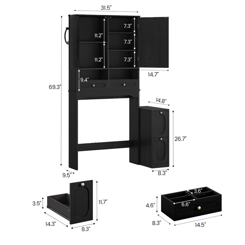 Armoire de rangement au-dessus de la toilette avec meuble de rangement pour salle de bain mobile et 3 tablettes réglables