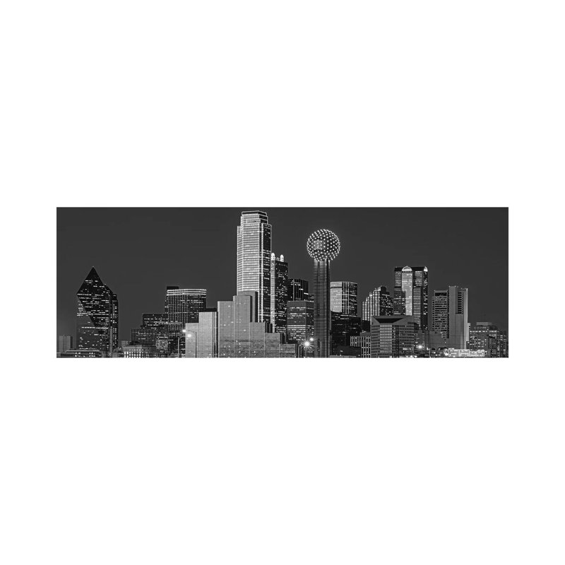 USA, Texas, Dallas, Panoramic View of An Urban Skyline at Night BW, Black and White 1 Piece Wrapped Canvas Panoramic Wall Art