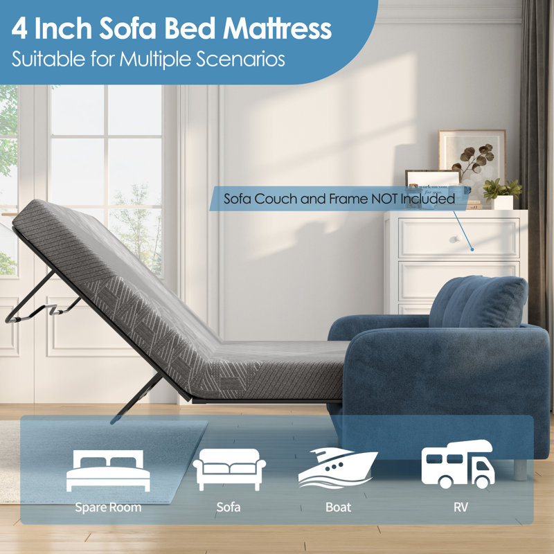 4 Inch Sleeper Sofa Mattress, Gel Memory Foam Mattress For Sofa, Pull Out Couch, Guest Bed, Rv, Boat, Short Queen