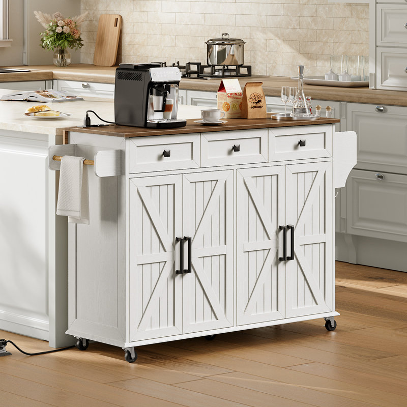 43.7'' Kitchen Island with Drop-Leaf and Charging Station, Kitchen Island Cart with 3 Drawers, Towel Rack, Spice Rack and Adjustable Shelves