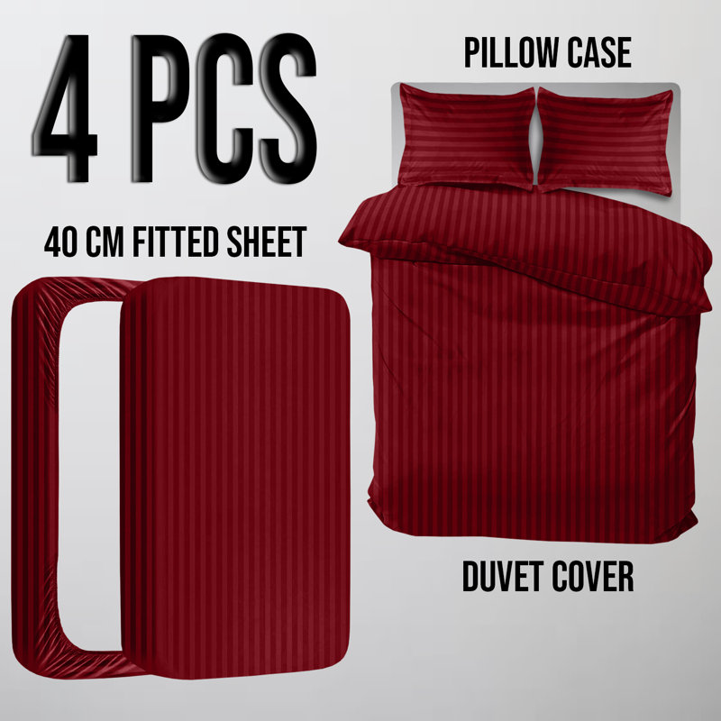 Microfiber Polyester Stripe Duvet Cover Set with Fitted Sheet Pillowcases , Burgundy, Double Duvet Cover