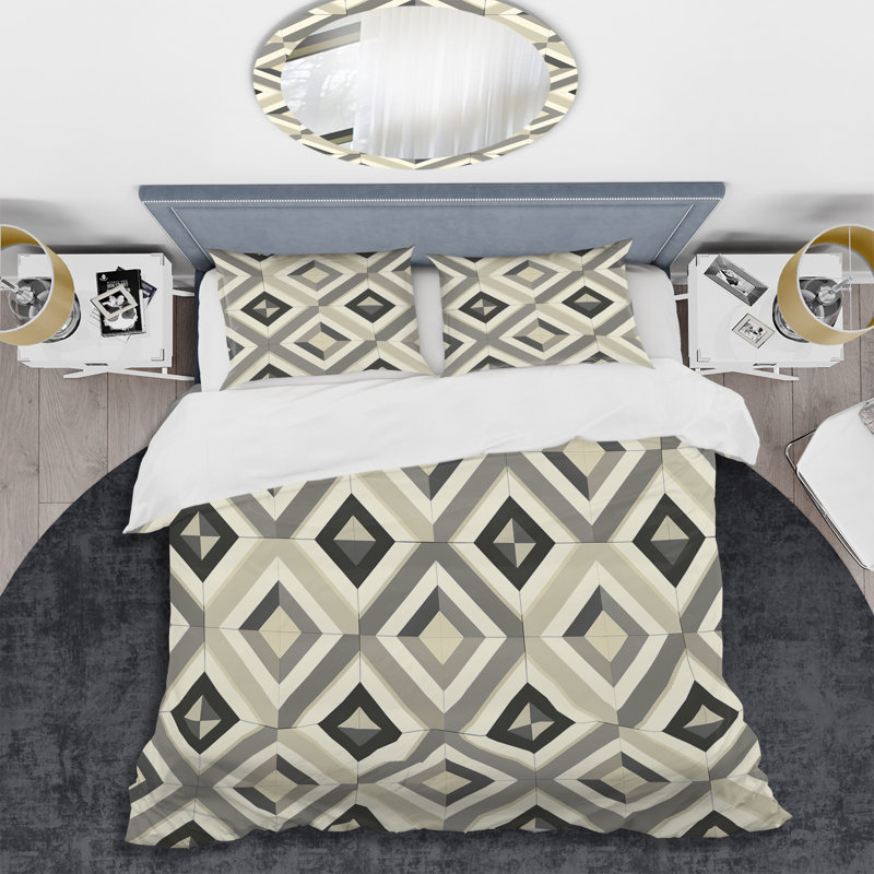 Ensemble de housse de couette beige gris Midcentury Geometrie, Housse de couette très grand + 2 taies décorativ