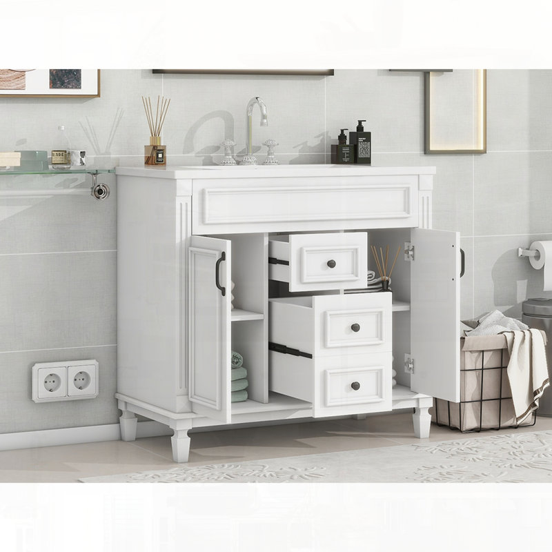 Meuble-lavabo moderne avec lavabo supérieur et tiroirs à fermeture en douceur, Blanc