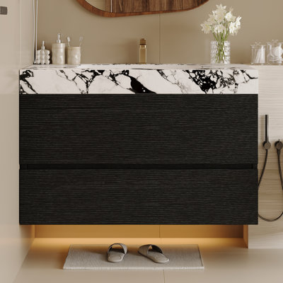 Meuble-lavabo flottant moderne de 29,9 po, fixé au mur avec plateau en pierre frittée et lavabo en céramique, 2 tiroirs pour les petites salles de bain