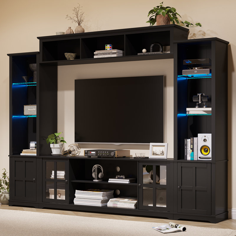 4 Piece Wall Unit Tv Stand With Bookshelf, Modern Tv Console Table With Led Lights, Large Entertainment Center With Open Shelves For Tvs Up To 65", Living Room Wine Cabinet Display Cabinet