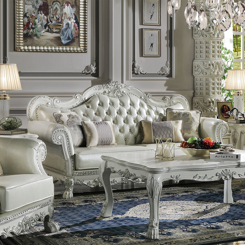 Faux Leather And Wood Sofa With Tufted Backrest In Bone White