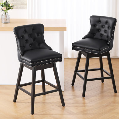 Swivel Bar Stools Set of 2, PU Leather Bar Chairs with Button Tufted Front and Ring Pull Back, 30" Bar Height Stools with Solid Wood Legs for Kitchen Island or Bar, Black