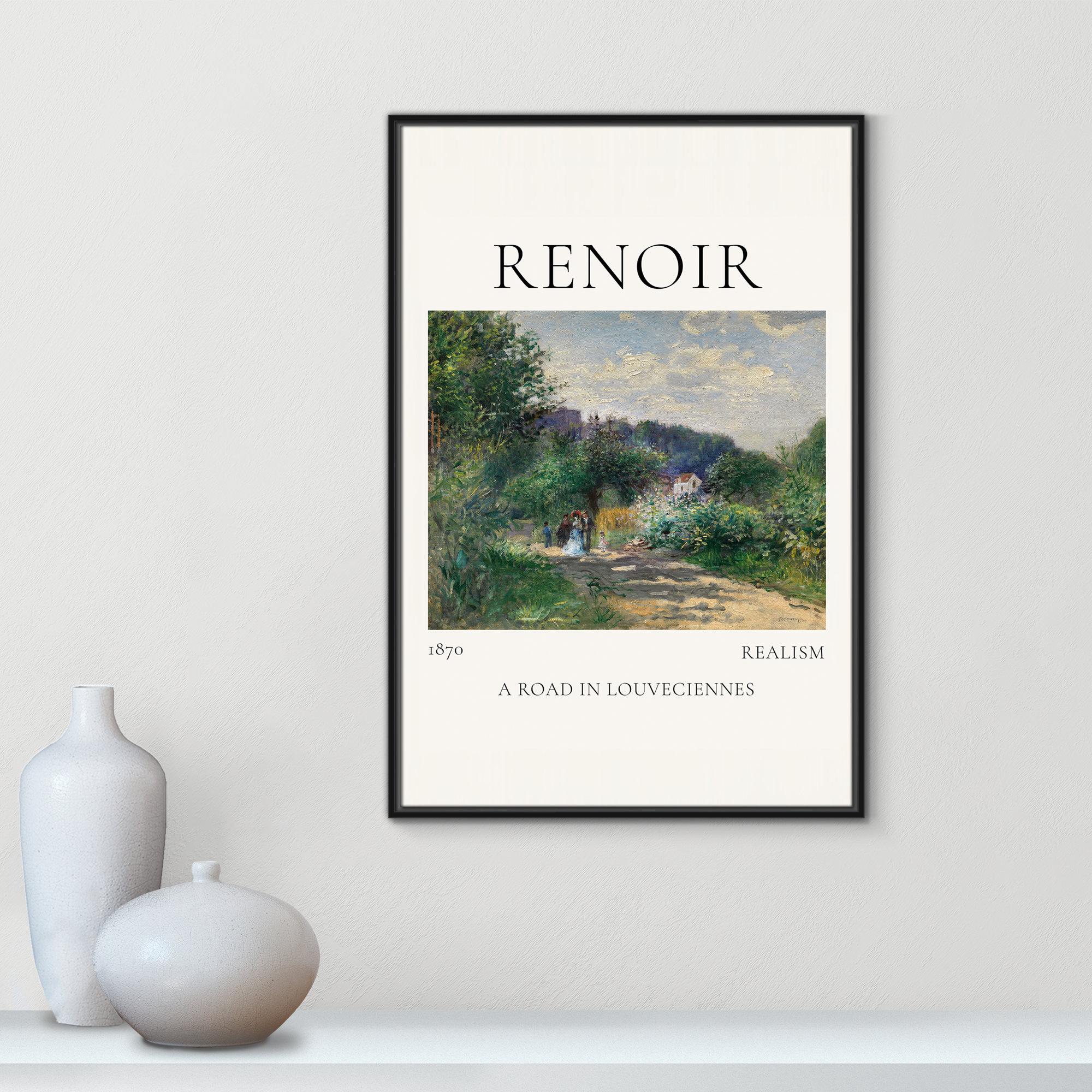 Old Masters Collection " A Road In Louveciennes " by Auguste Renoir, Black Floater Frame, 37.5" H x 25.5" W x 2" D, No