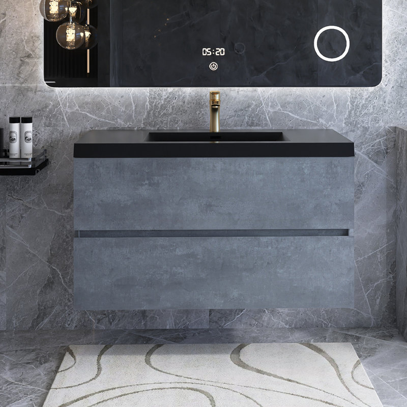 Ensemble de meuble-lavabo mural 48 po en contreplaqué gris avec lavabo à sable à quartz intégré
