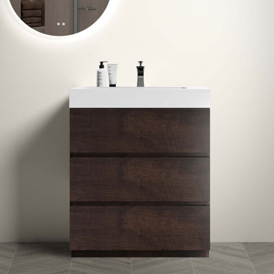 Meuble-lavabo autoportant de 30 po avec lavabo pour salle de bain moderne, lavabo une pièce sans drain et robinet, pré-assemblé