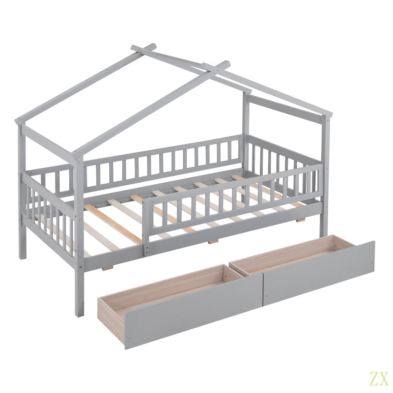 Lit simple en bois avec deux tiroirs, Gris