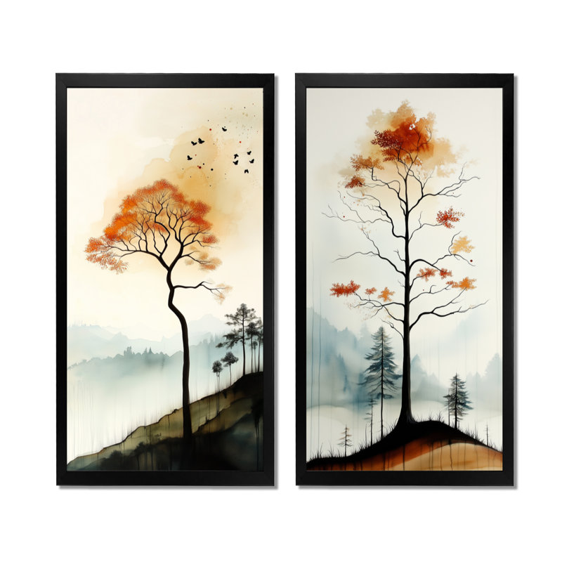 Collines chaudes de chêne aux braises - Grand tableau mural en 2 parties, 32" H x 32" W, Black Picture Framed