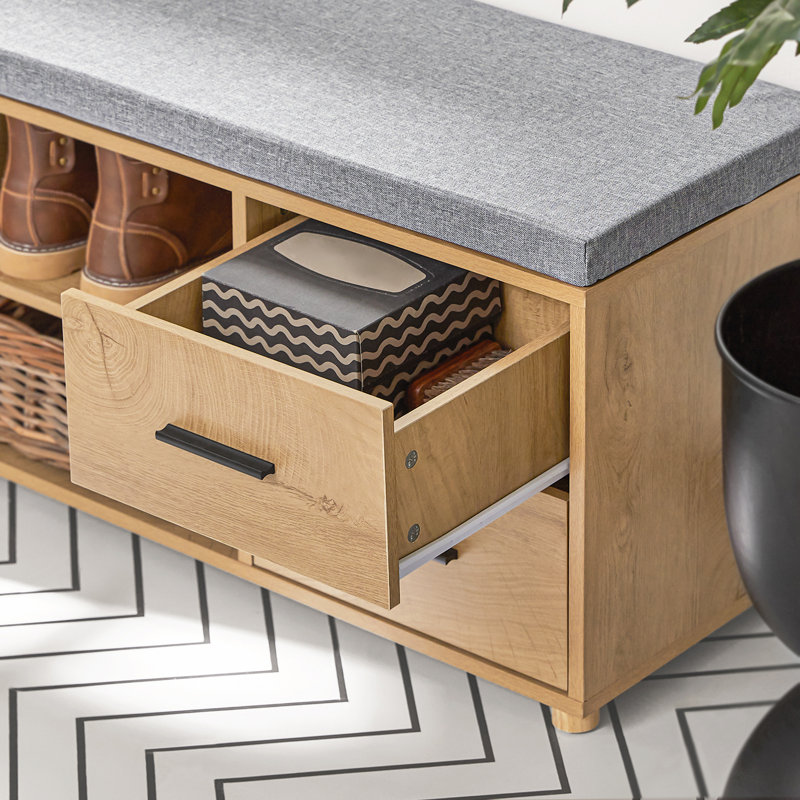 Banc de rangement pour hall d'entrée avec siège rembourré, tiroirs, portes et tablettes ouvertes, banc de rangement pour chaussures en bois naturel, l 43,3 po x P 13,8 po x H 17,7 po