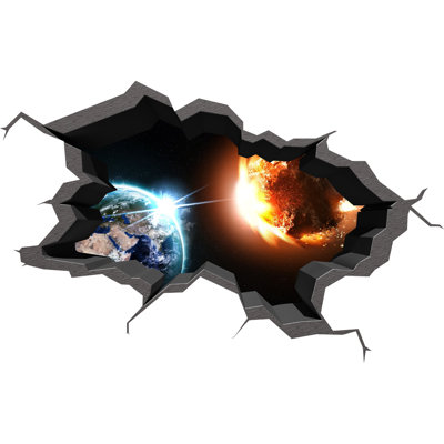 3D Earth Wall Decal – Space Planet Mural With Moon & Broken Wall Effect – Vinyl Wall Sticker For Kids’ Rooms, Bedrooms & Classrooms