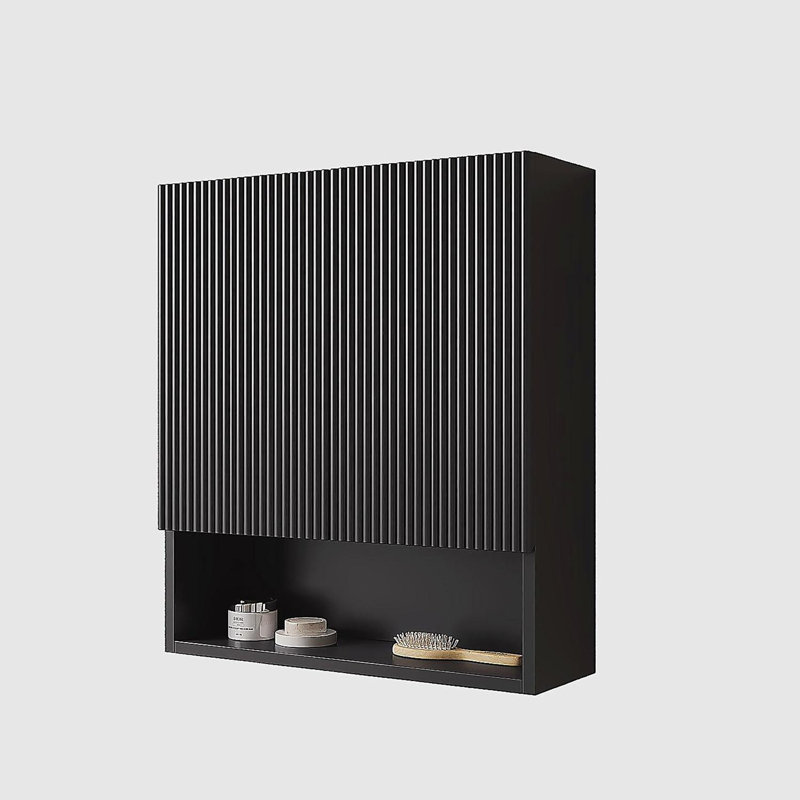 Armoire de salle de bain murale rayée de 26 po avec portes, tablette et compartiment de rangement ouvert au-dessus de la toilette pour salle de bain, cuisine, salle de lavage, couleur noire