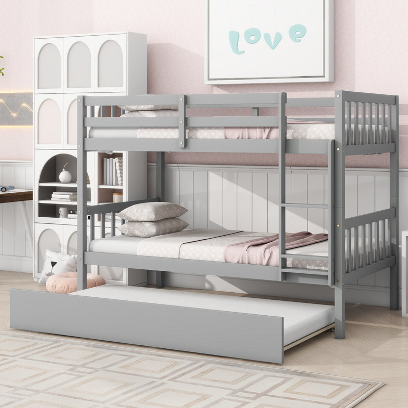 Everwyn Twin Over Twin Rubber Wood Bunk Bed with Trundle, Convertible to 2 Twin Beds, Natural, Gray