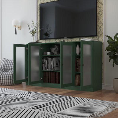 Meuble télé 100% bois massif avec portes en verre givré et tablettes réglables pour téléviseur de 65 po ou moins
