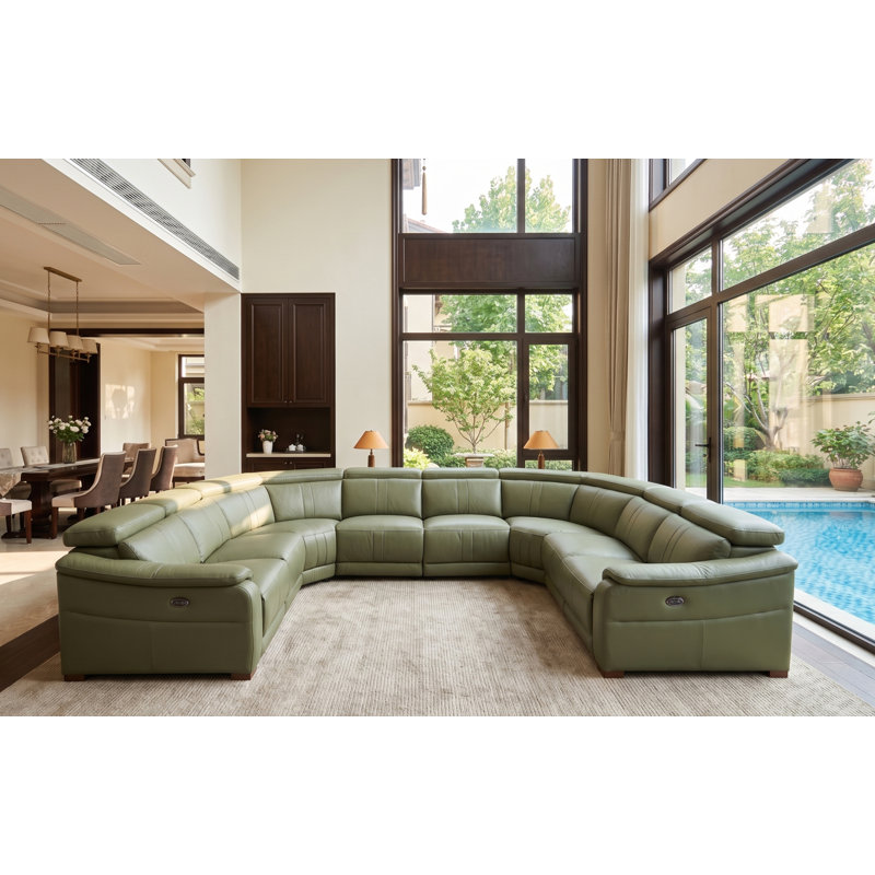 Mietoon Leather Match Large Seating Power Recliner Sectional, Olive Green Leather Match