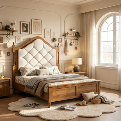 Lit plateforme en bois avec tête de lit et pied de lit rembourrés French