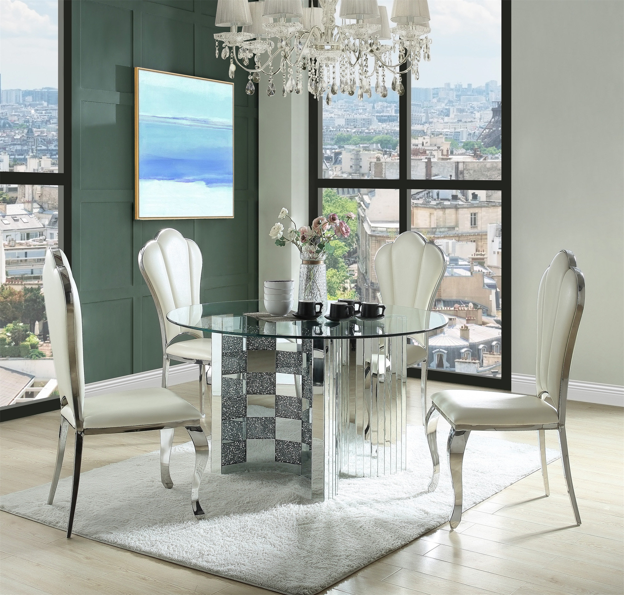 Everly Quinn Daemyn Round Dining Table with Glass Top in Clear and ...