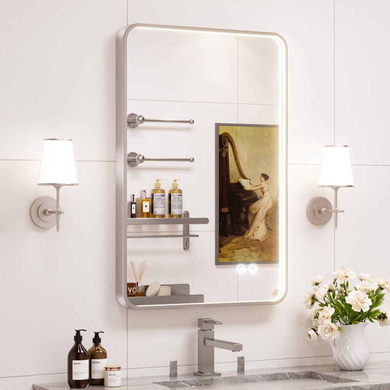 Miroir de salle de bain lumineux en aluminium, 36 po x 24 po, Nickel brossé