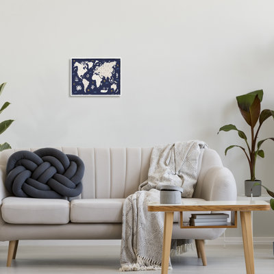 Carte du monde à motif bleu encadrée sur bois par Daphne Brissonnet, impression
