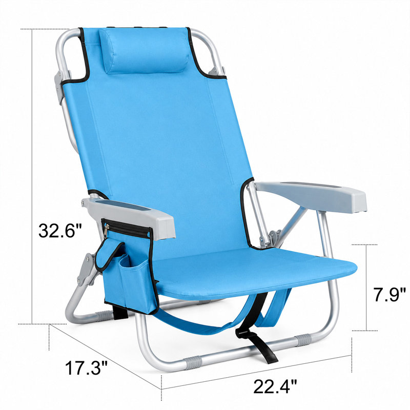 5-position Folding Beach Chair With Backpack Straps, Cup Holder & Storage Pockets