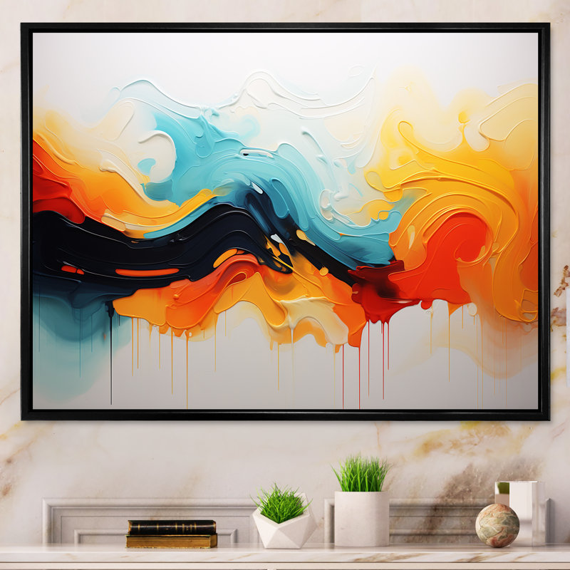 «Yellow Fractal Paint Wave Expression 5», art mural abstrait, Cadre flottant noir, H 24 po x l 32 po x P 1 po