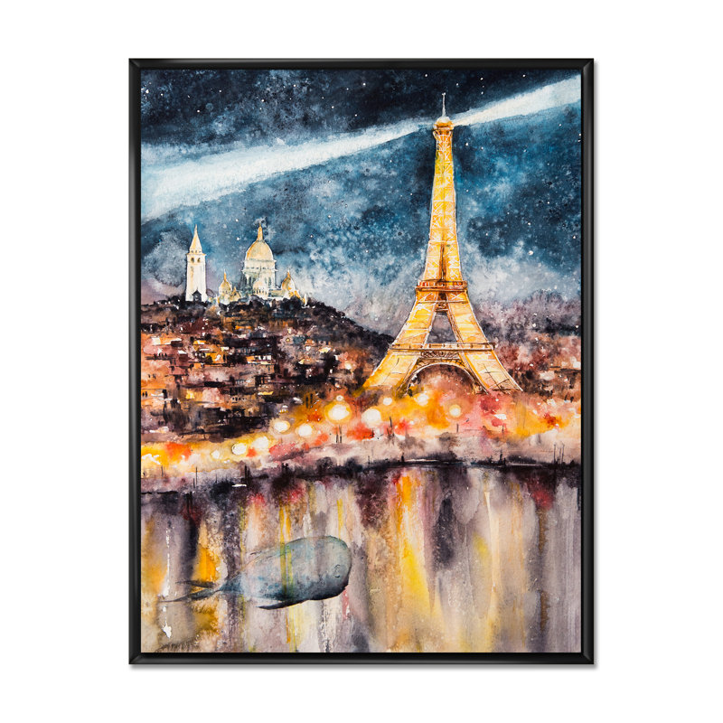 «Paris At Night with Bright Shining Eiffel Tower», reproduction sur toile, H 36 po x l 24 po x P 1 po, Cadre flottant noir