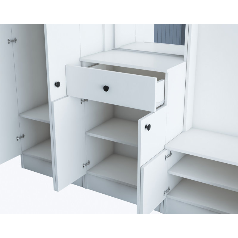 Modern White Hall Stand with Mirror, 70.7 x 72.0 x 14.7 inches | 100% Melamine Coated Particle Board, 0.71 inches Thick | Multipurpose Hanging Rack, 1 Drawer, Numerous Shelves, Wall-Mounted Storage Solution