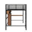 Lit mezzanine double en métal et en bois avec bureau en L et tablettes de rangement