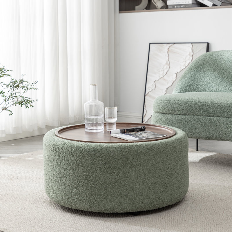 Bryonie Round Cocktail Ottoman with Storage, Green Performance Boucle