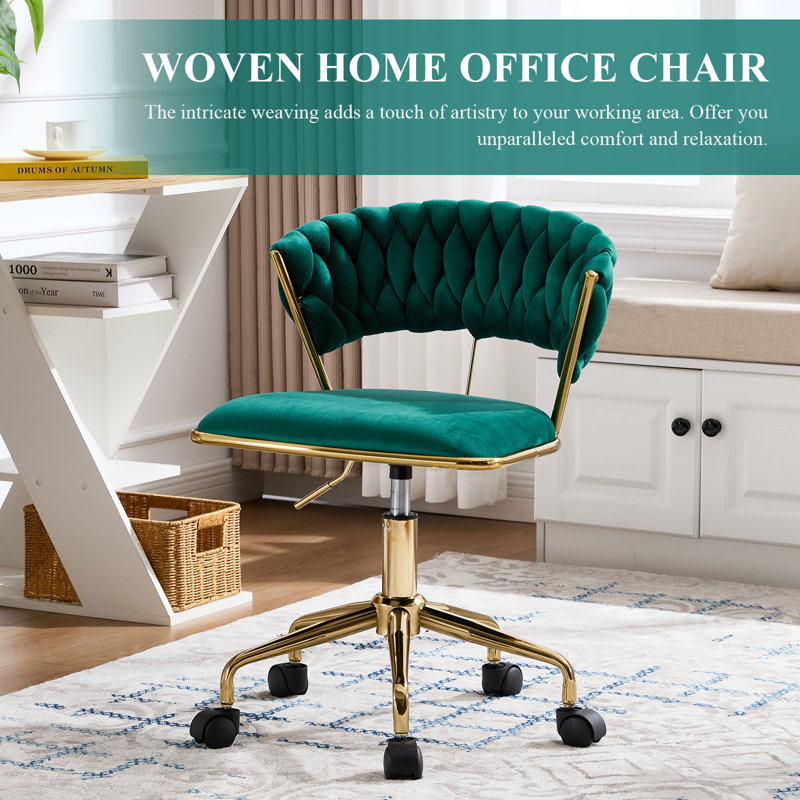Home Office Chair, Velvet Upholstered Task Chair With Woven Open Back, 360° Swivel Desk Chair With Wheels, Adjustable Vanity Chair, Computer Chair For Office, Studio