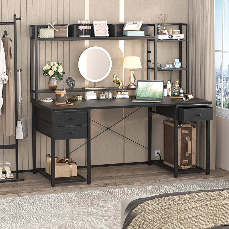 Bureau d'ordinateur avec huche, tablettes de rangement, prises de courant et lumières DEL, Noir