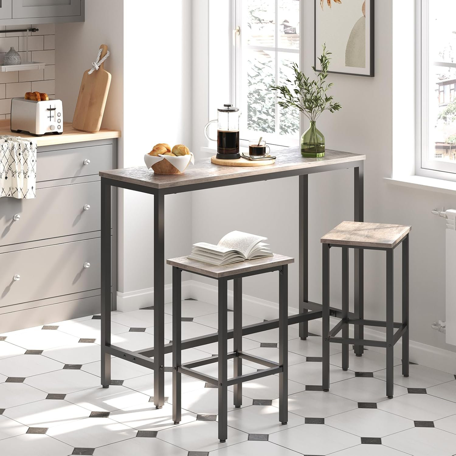 Bar Table Set, 47.2” Rectangular Kitchen Pub Dining Coffee Table and 2 Bar Stools