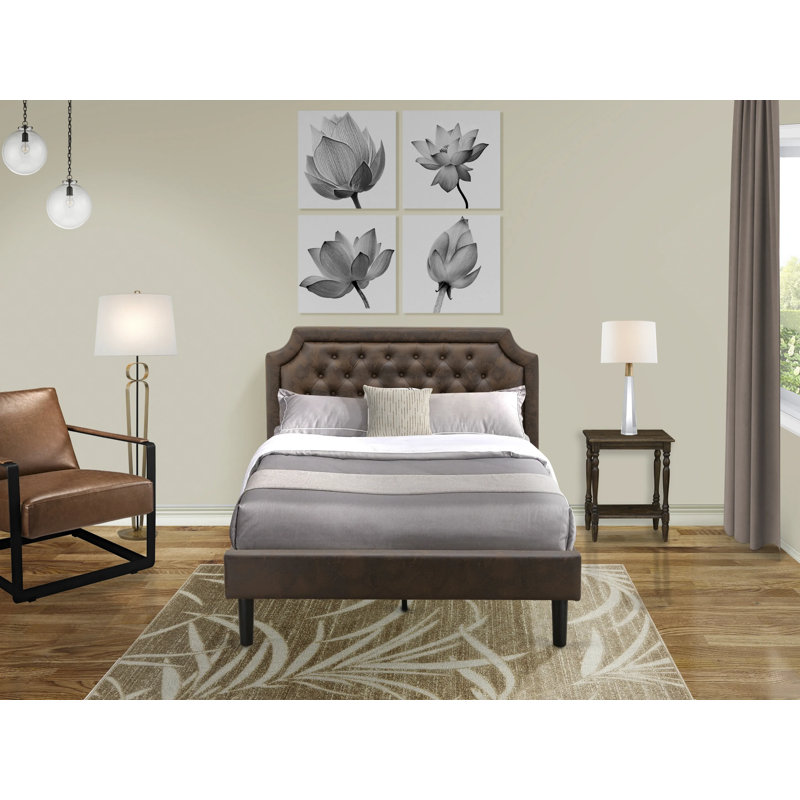 Ensemble de chambre double 2 pièces avec lit double capitonné et 1 table de chevet moderne patinée Jacobean - similicuir brun foncé avec texture noire et pieds noirs