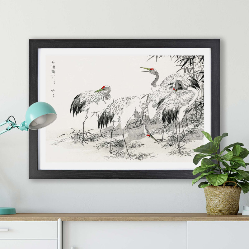Japanese Cranes By The Bamboo by Numata Kashu - Single Picture Frame Painting, Black, 24cm H x 33cm W x 2cm D