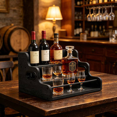 Three-Tier Wood Bottle Display Shelf, Modern Black Liquor Bottle Rack Organizer, Solid Wood Countertop Wine Rack Bar Shelves Stand for Liquor Storage by Wrought Studio
