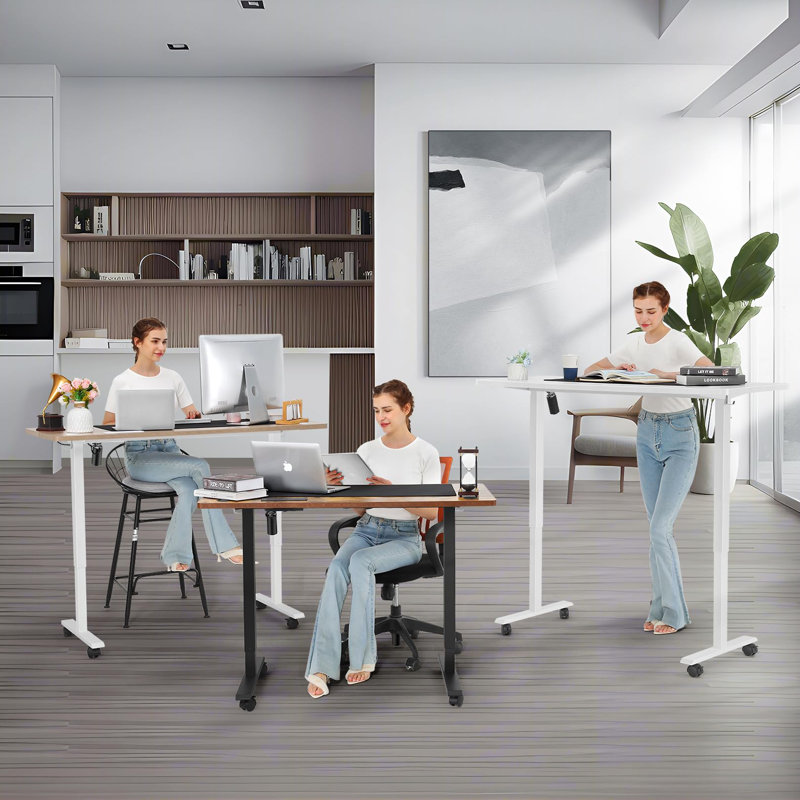 Maudine 63" Electric Height Adjustable Standing Desk With Curved Desktop And 4 Casters, 2 Hooks, Big Mouse Pad, Black