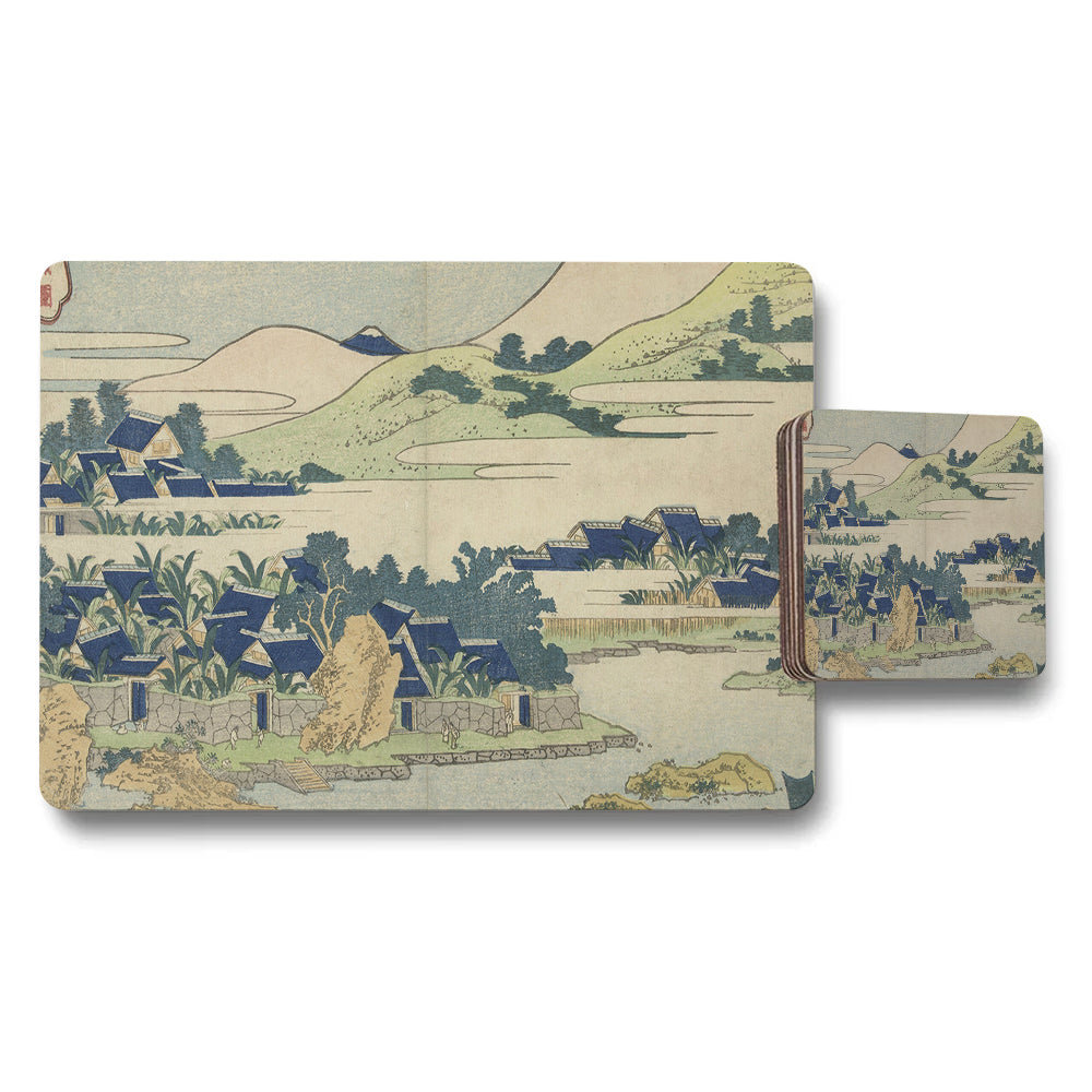 Japanese Landscape Placemat And Coaster Set Ukiyoe Style