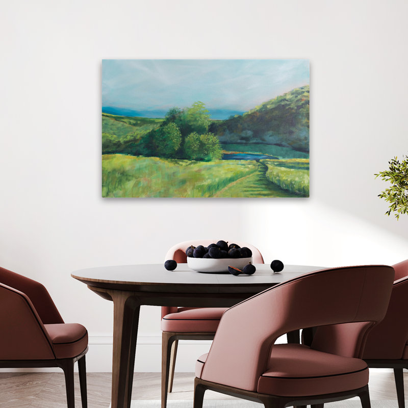 Vue de la vallée contemporaine bleu gris paysage brun vert, H 36 po x l 24 po