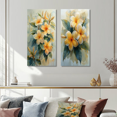 Plumeria I - ensemble de 2 décorations murales en métal jaune et blanc