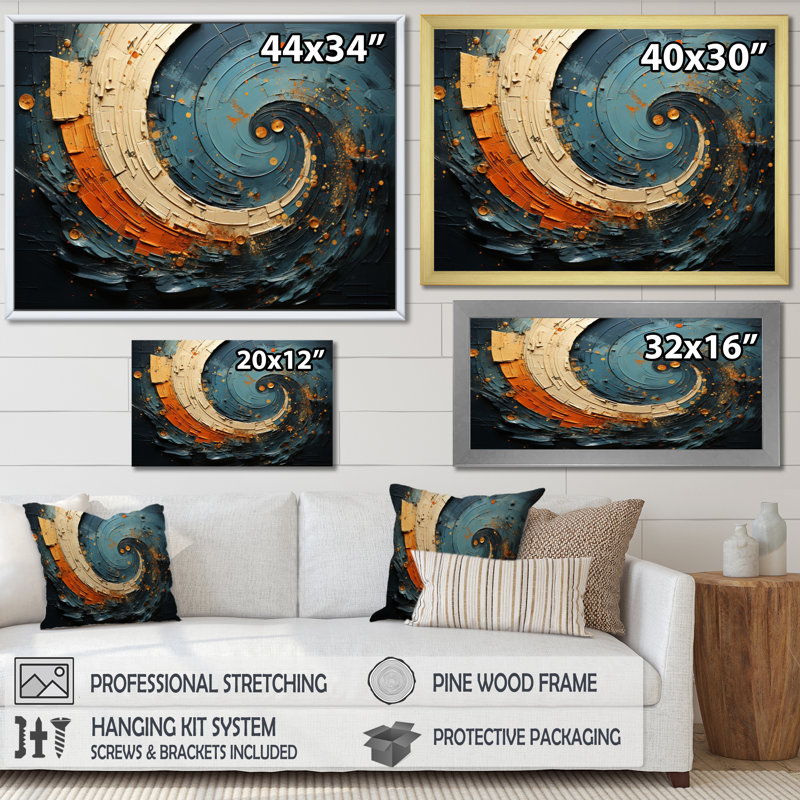 Orange Teal Abstract Spirals II - Abstract Spirals Wall Art, Wrapped Canvas, 34" H x 44" W x 1.5" D