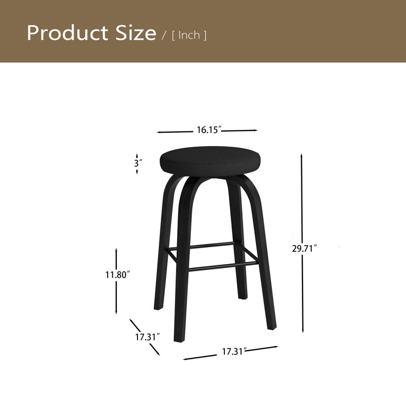 26″ Bar Stools,Mid-Century Modern Swivel Upholstered Counter Stool with Soild Wood Leg Frame, Black